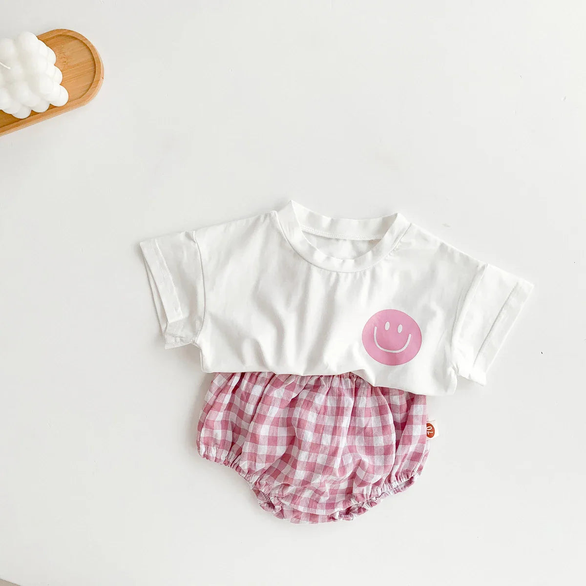 Smile Face Cotton T-shirt + Plaid Shorts Set: Summer Baby Outfit