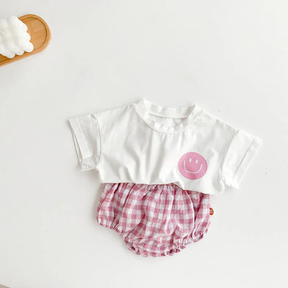 Smile Face Cotton T-shirt + Plaid Shorts Set: Summer Baby Outfit