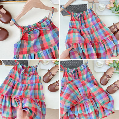Summer Girls' Colorful Plaid Strap Dress