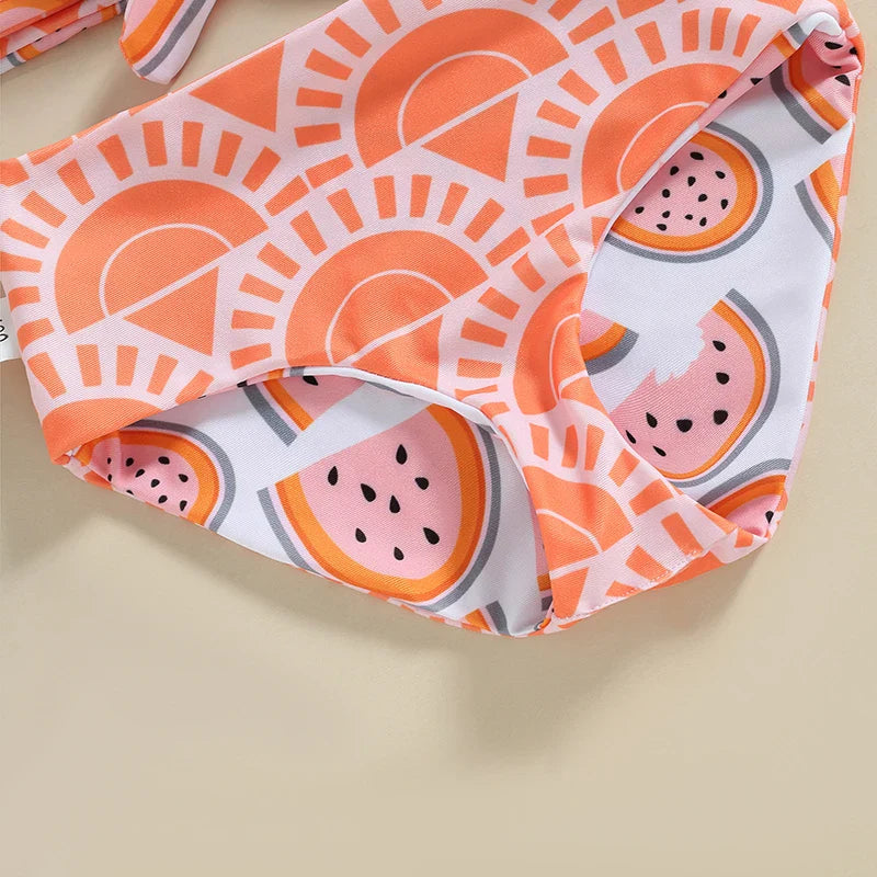 Watermelon Print Striped Swimsuit: Kid Girl's Two-Piece Beach Bathing Suit