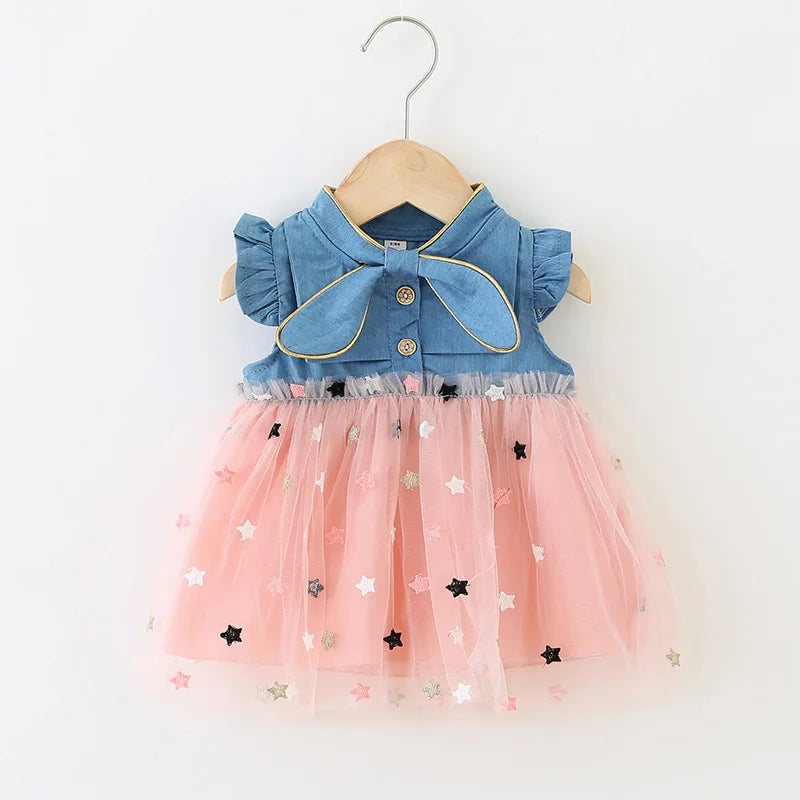 Girls' Summer Bow Denim Dress with Flying Sleeves