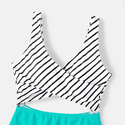 Family Matching Swimwear: Striped One-Piece & Colorblock Trunks, Summer Ready