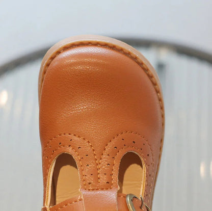 Kids T-Strap Leather Flats: Breathable