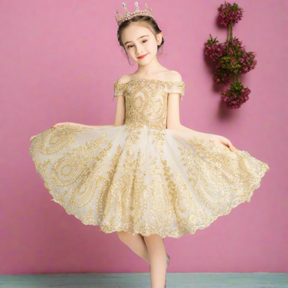 Golden Sequin Embroidered Tulle Princess Flower Girl Dress