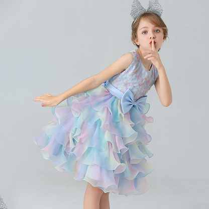 Rainbow Layered Skirt and Bow Design Flower Girl Party Dress