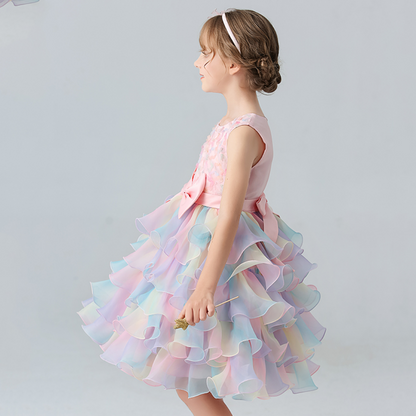 Rainbow Layered Skirt and Bow Design Flower Girl Party Dress