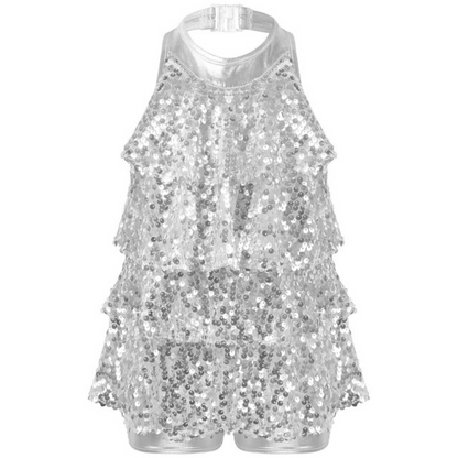 Shiny Sequins Halter Ballet Dance Shorty Unitard Dress