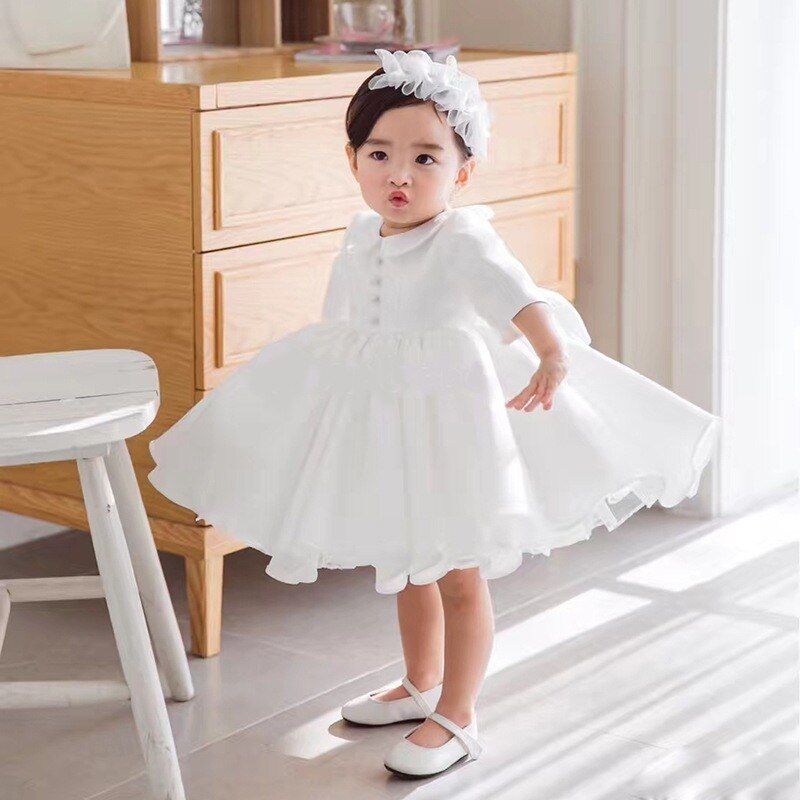 Baby Collar Long Sleeves Fashion Christening Silk Dress