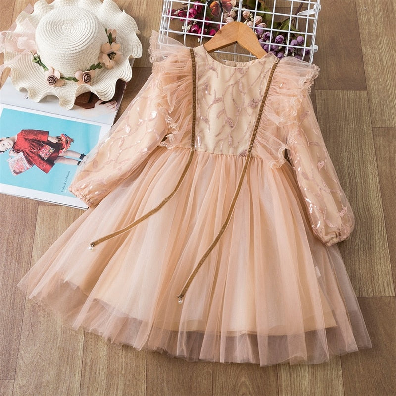 Long Sleeves Sequin Top Glimmering Princess Party Dress