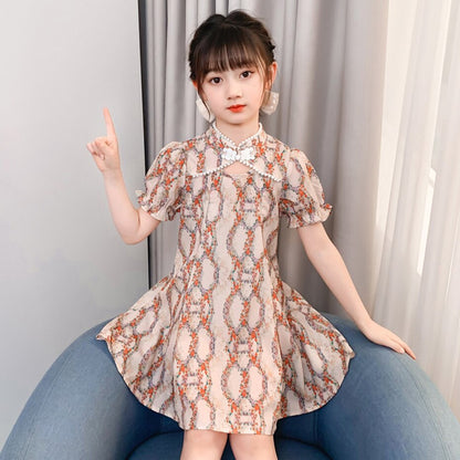 Puff Sleeves Floral Print Qipao Style Princess Casual Dress