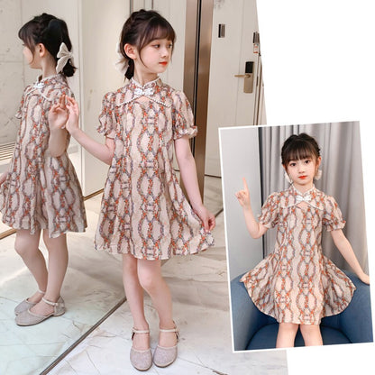 Puff Sleeves Floral Print Qipao Style Princess Casual Dress
