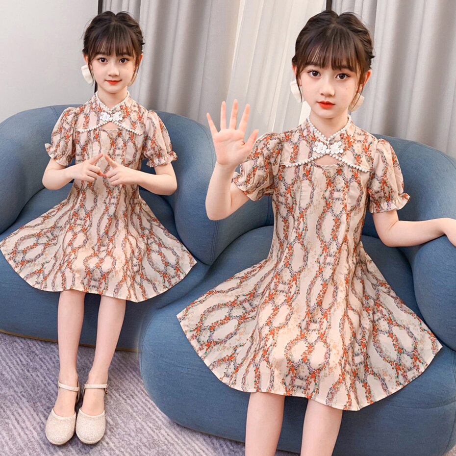 Puff Sleeves Floral Print Qipao Style Princess Casual Dress