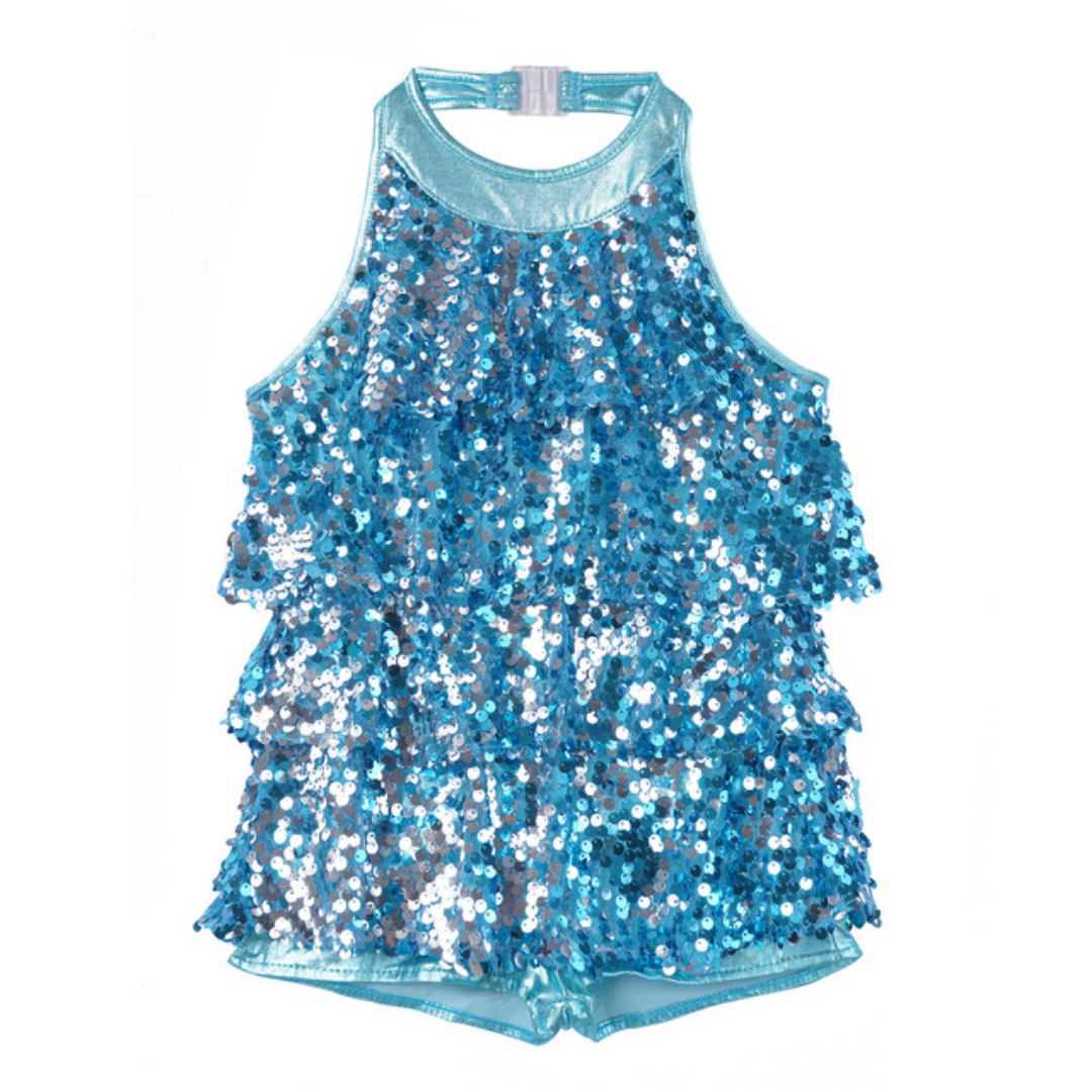 Shiny Sequins Halter Ballet Dance Shorty Unitard Dress