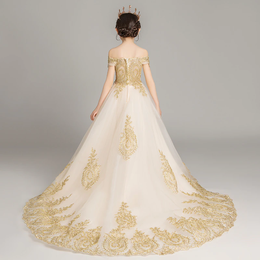 Golden Sequin Embroidered Tulle Princess Flower Girl Dress