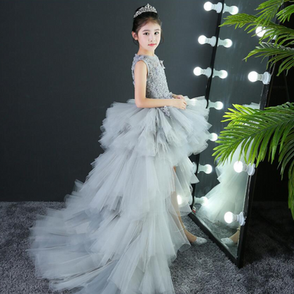 Long Trailing Lace Appliques Princess Prom Tulle Gowns