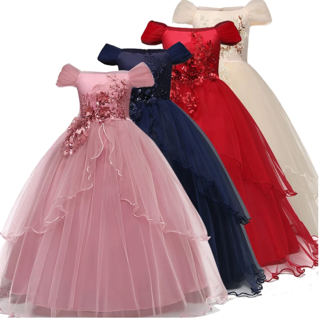 Long Embroidered Flower Girl Wedding Dress