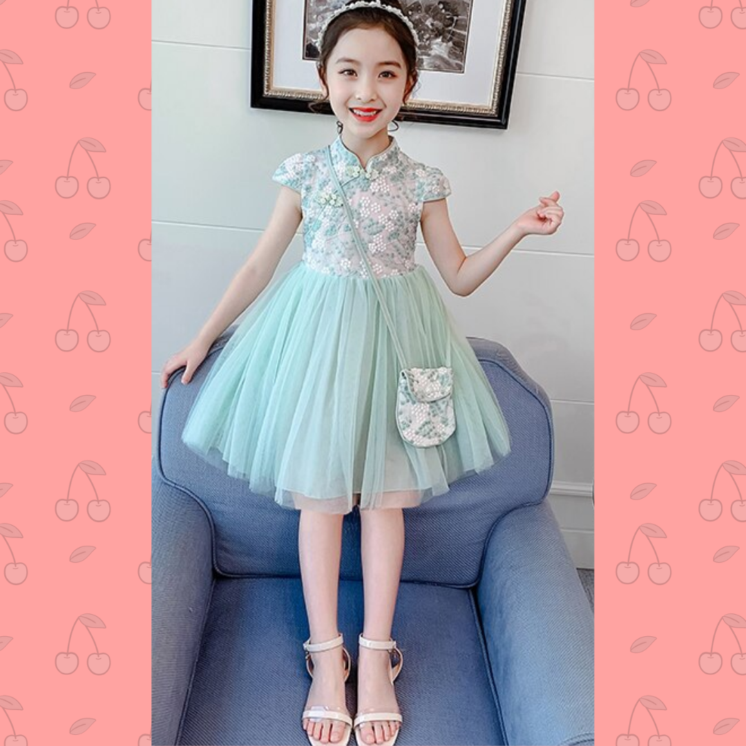 Girls Cheongsam Flower Bud Print Dress