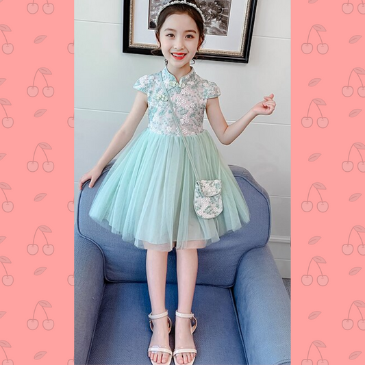 Girls Cheongsam Flower Bud Print Dress