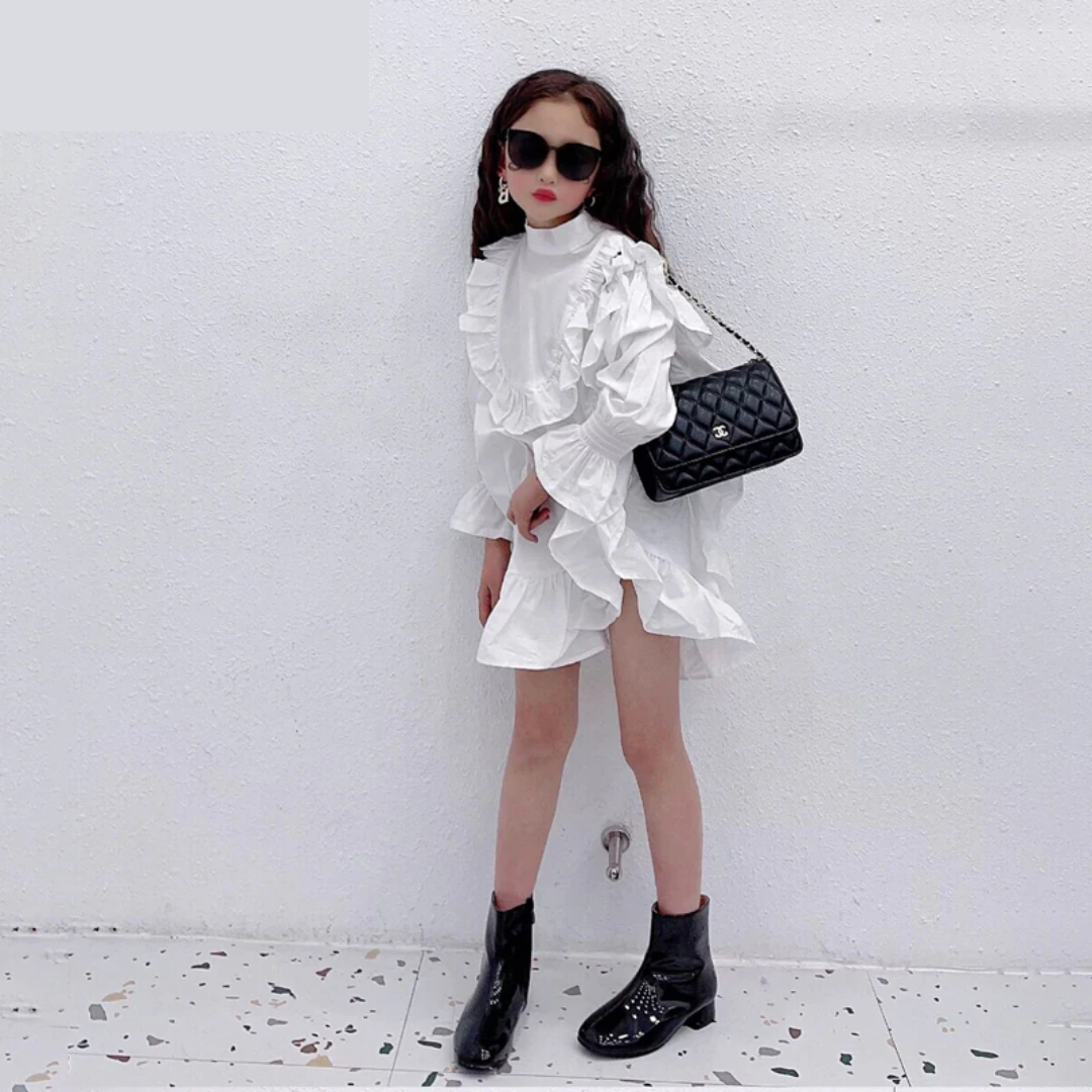 Solid Side Ruffle Ruched Cuff Dress