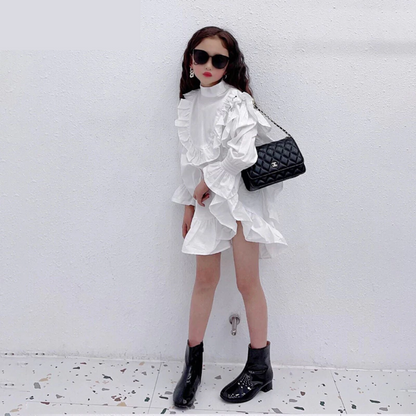 Solid Side Ruffle Ruched Cuff Dress