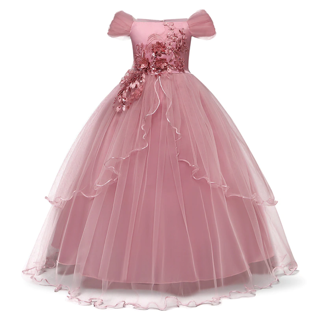 Long Embroidered Flower Girl Wedding Dress