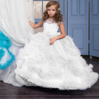 Layered Lace Ruffle and Rhinestone Design Princess Ball Gown
