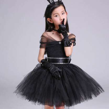 Black Bunny Themed Princess Party Trailing Tulle Dress