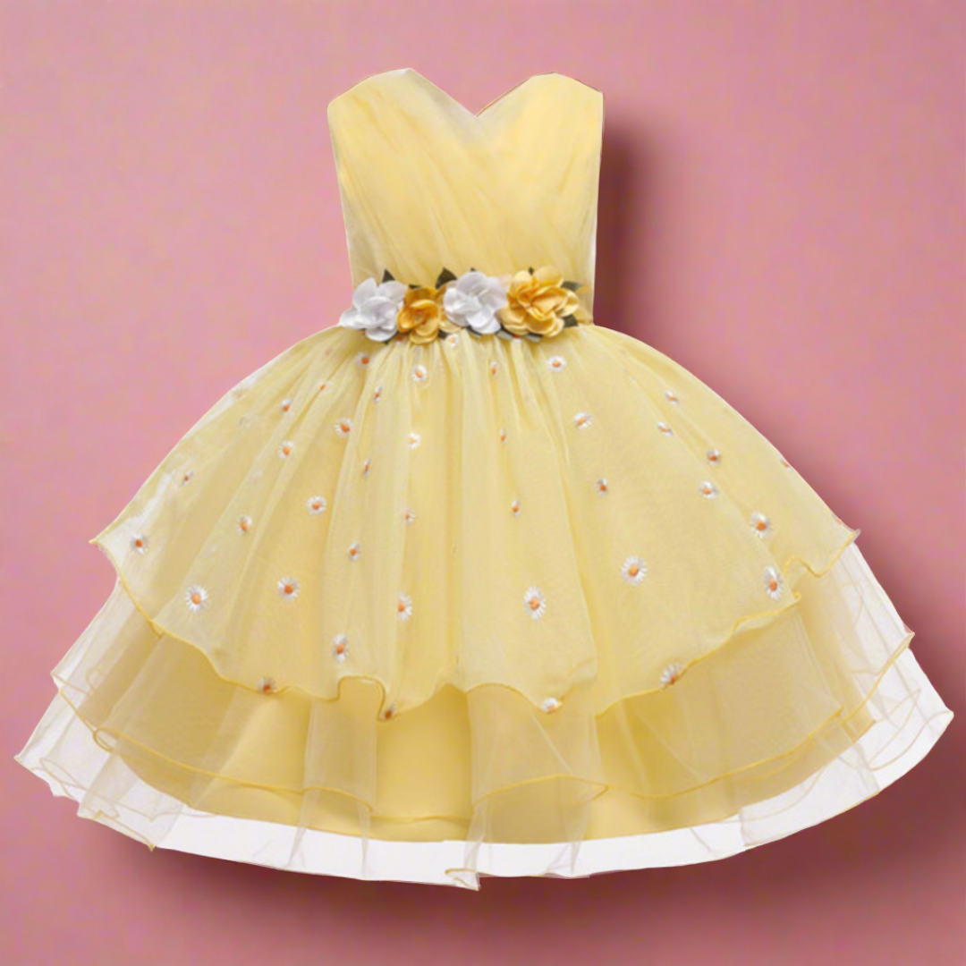 Floral Embroidery Layered Mesh Wedding Flower Girl Dress