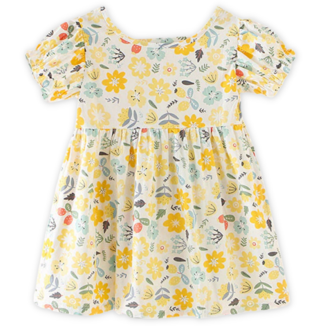 Nature Pattern Print Baby Girl Puff Sleeves Sundress