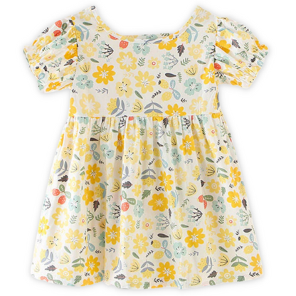 Nature Pattern Print Baby Girl Puff Sleeves Sundress