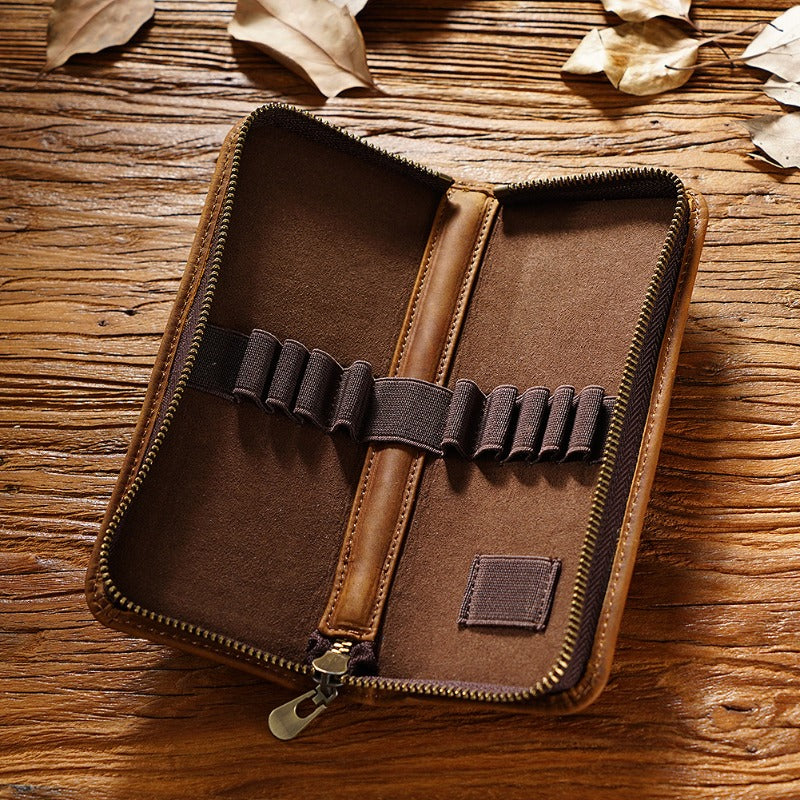 First Layer Cowhide Retro Square Men's Zipper Pencil Case