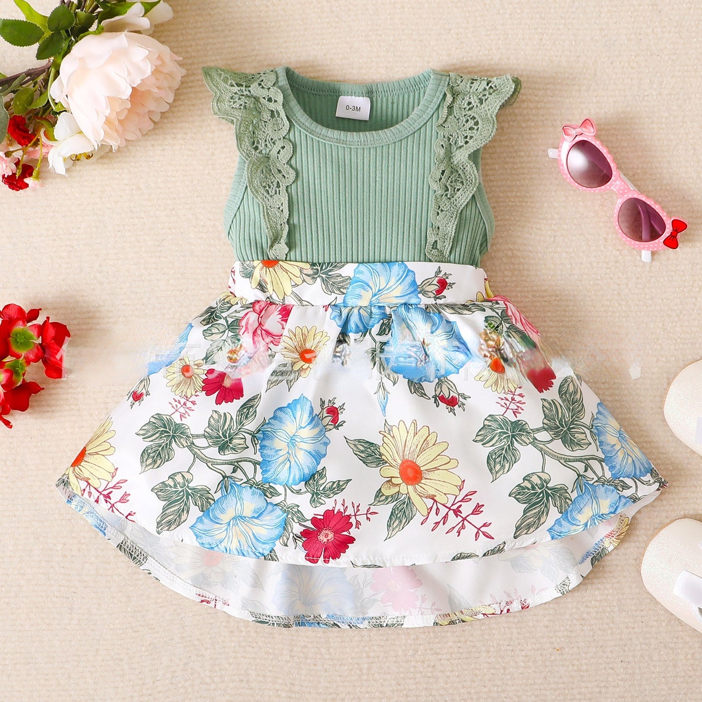 Lace Trim Polyester Floral Dress Baby Clothes