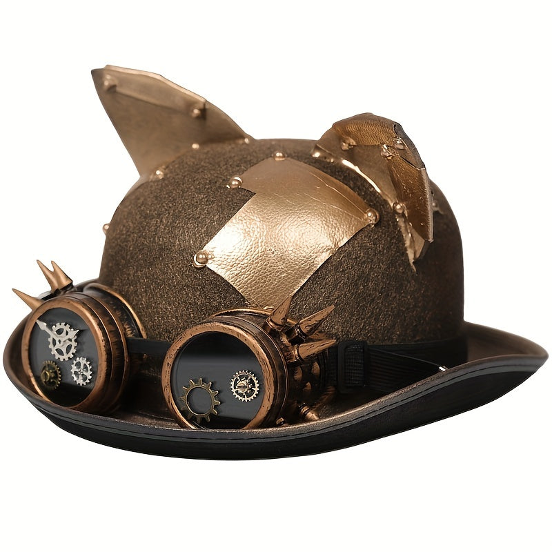Steampunk Golden Top Hat with Cat Ears & Removable Goggles