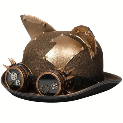 Steampunk Golden Top Hat with Cat Ears & Removable Goggles