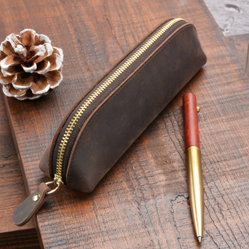 Crazy Horse Leather Zipper Handmade Fashion Vintage Pencil Case