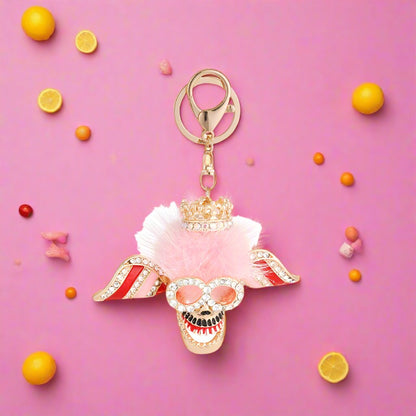 Diamond Inlaid Plush Skull Metal Keychain