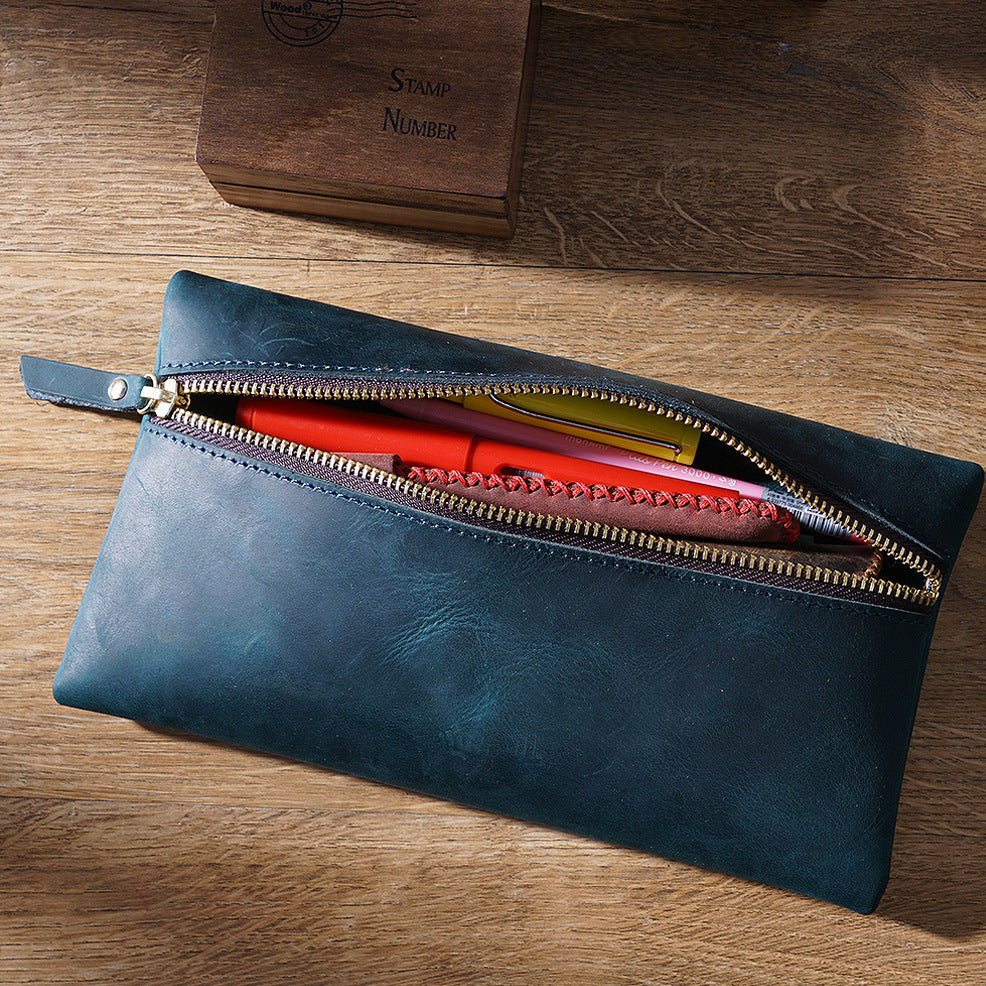 Cowhide Large -capacity Zipper Simple Portable Pen Bag