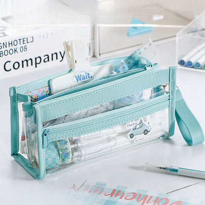 Four-layer Transparent Leather Pencil Bag