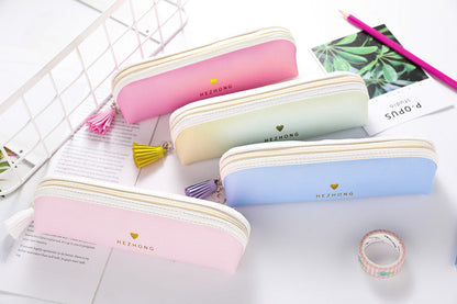 Solid Color Pu Tassel Round Triangle Pencil Bag