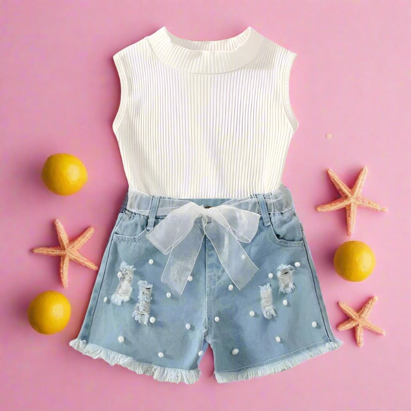 Sleeveless Pit Strip Denim Shorts