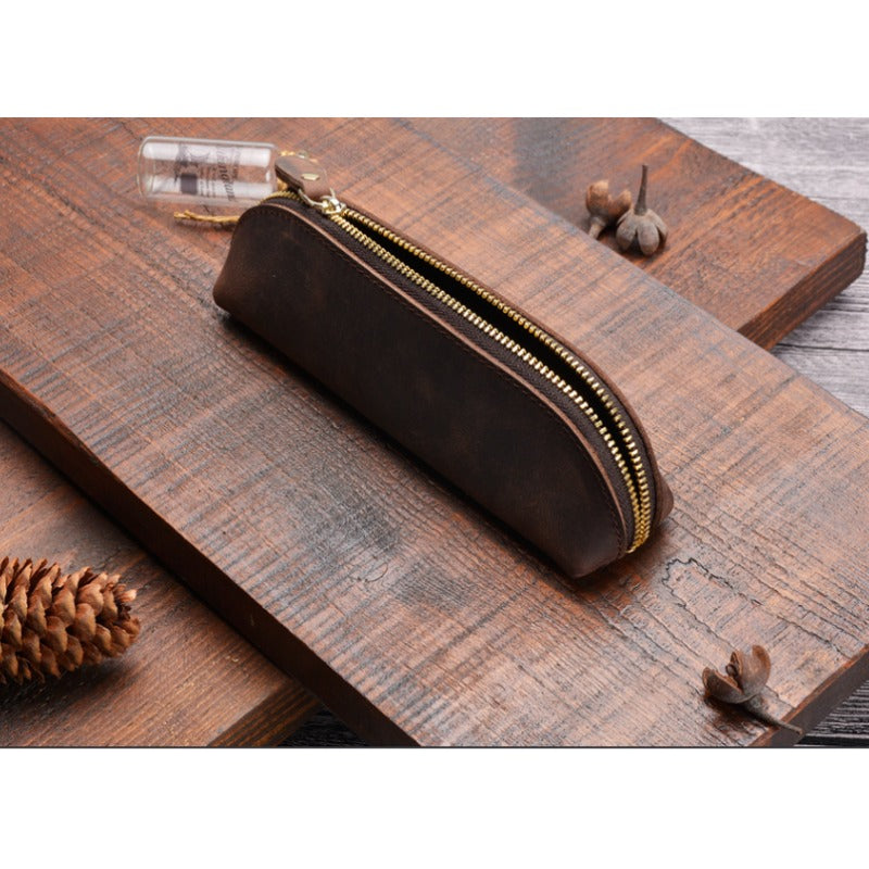 Crazy Horse Leather Zipper Handmade Fashion Vintage Pencil Case