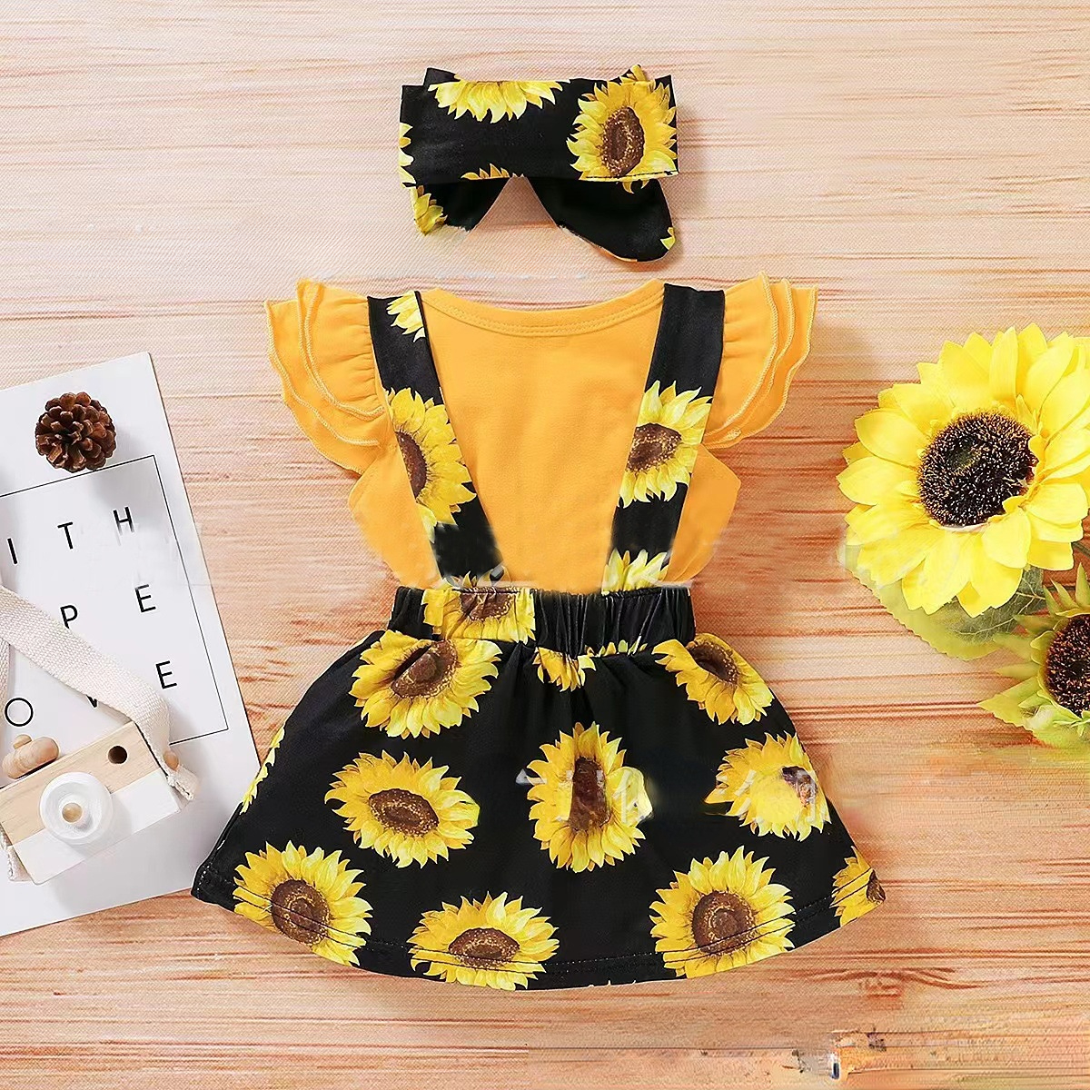Cotton Kids Sunflower Short Sleeve Suspender Dress Set
