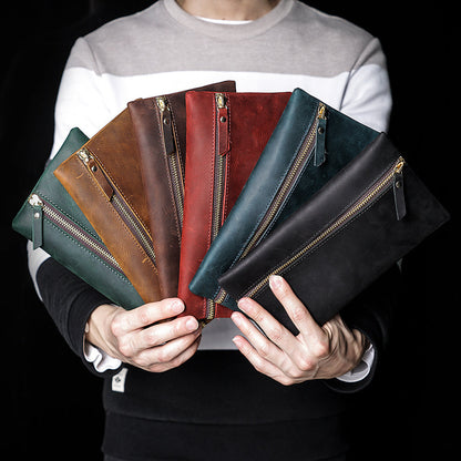 Cowhide Large -capacity Zipper Simple Portable Pen Bag
