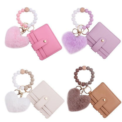 Heart Shape Fur Ball Card Holder Silicone Beaded