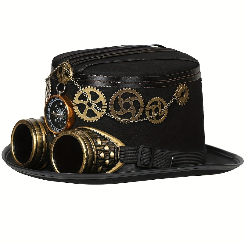 Unisex Steampunk Top Hat - Compass, Goggles, Detachable Gears