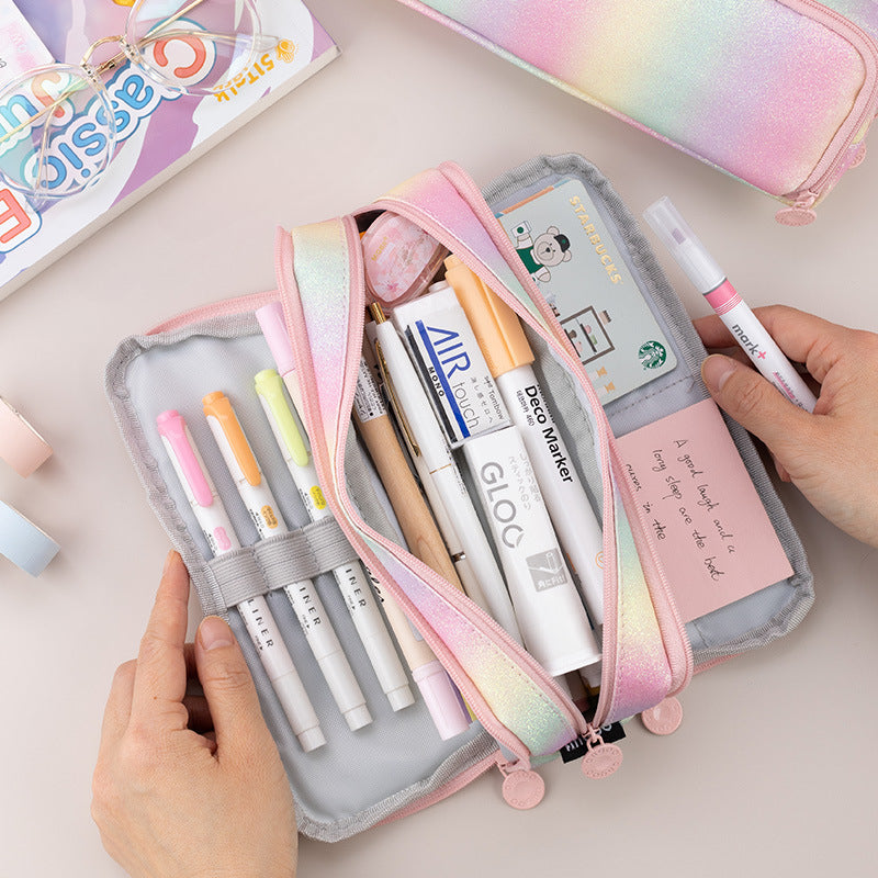 Large Capacity Double Window Rainbow Multi-layer Leather Pencil Case