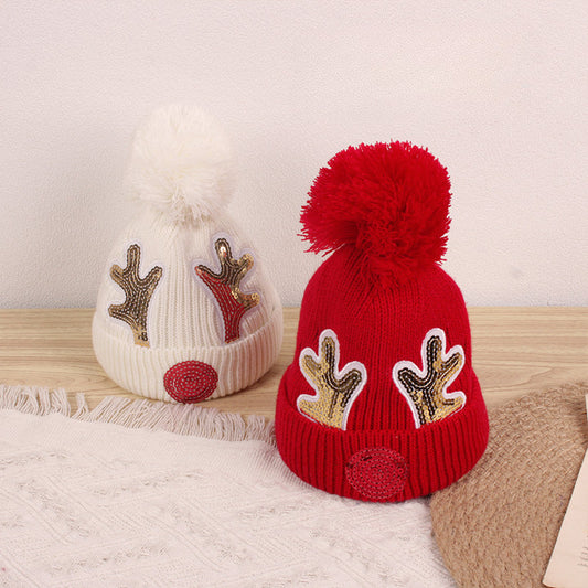 Wholesale Acrylic Cartoon Sequins Cute Christmas Antlers Kids Knitted Hat