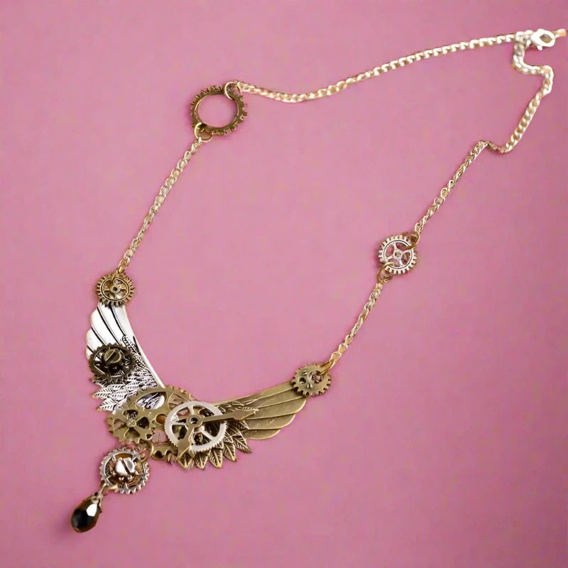Halloween Steampunk Style Gear Wings Necklace