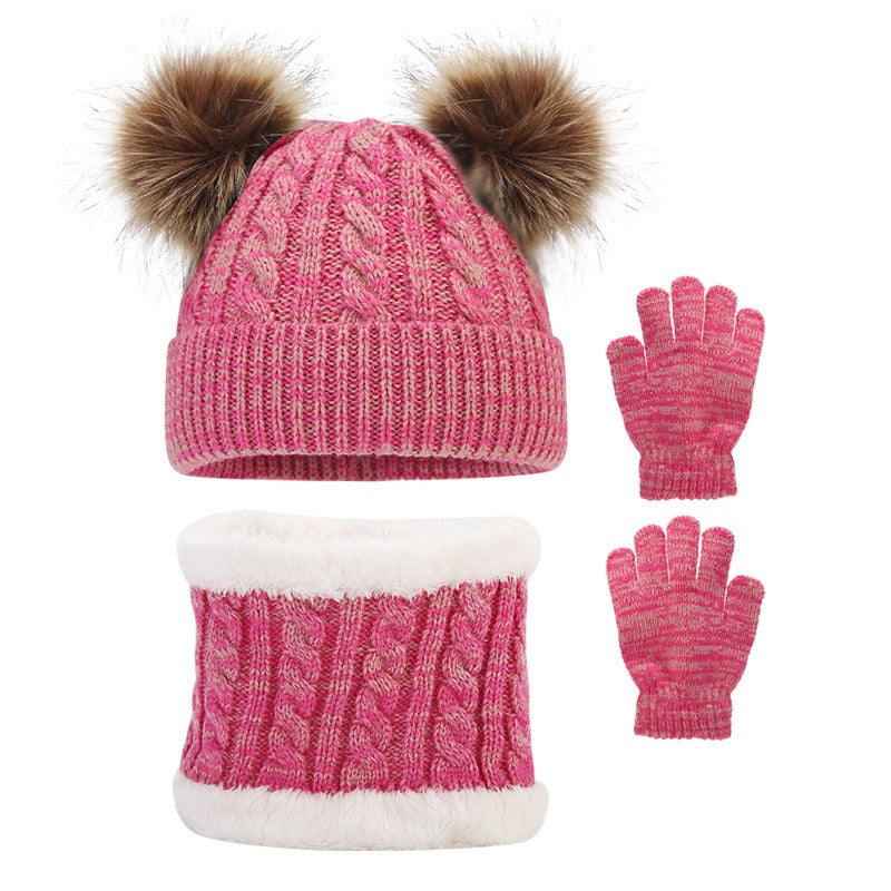 Wholesale Children's Winter Woolen Hat Double Ball Knitted Hat Scarf Gloves Set