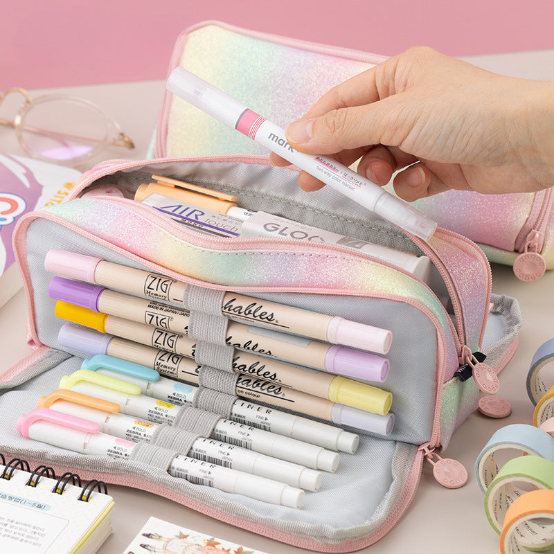 Large Capacity Double Window Rainbow Multi-layer Leather Pencil Case